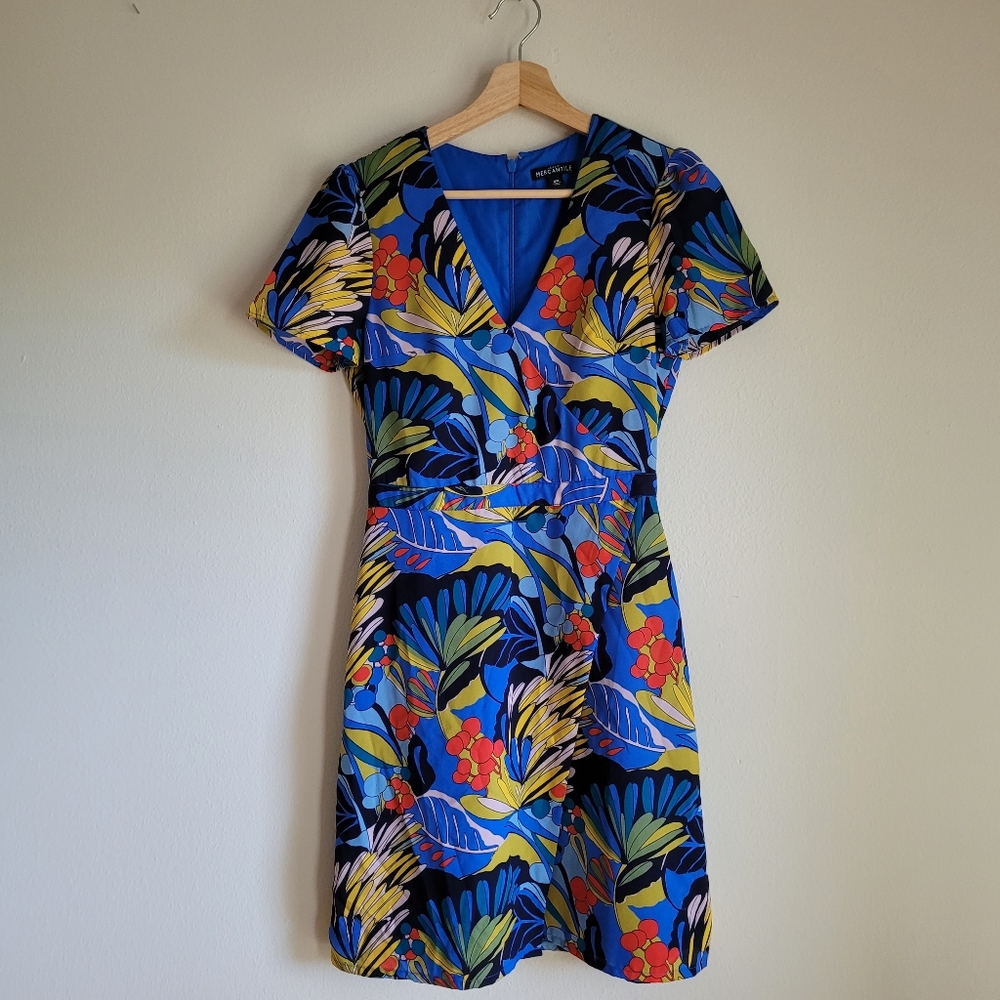 J. Crew Mercantile Blue/Yellow Tropical Floral V Neck Faux Wrap Dress Size 00